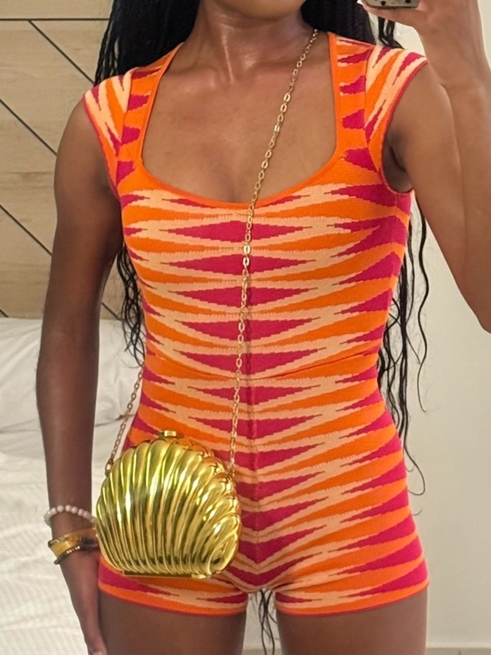 Fashion Nova- Sleeveless Orange & Pink Patterned Knit Romper - Women Romper